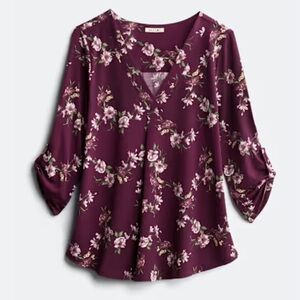 Beacon Floral V-Neck Blouse - Burgundy